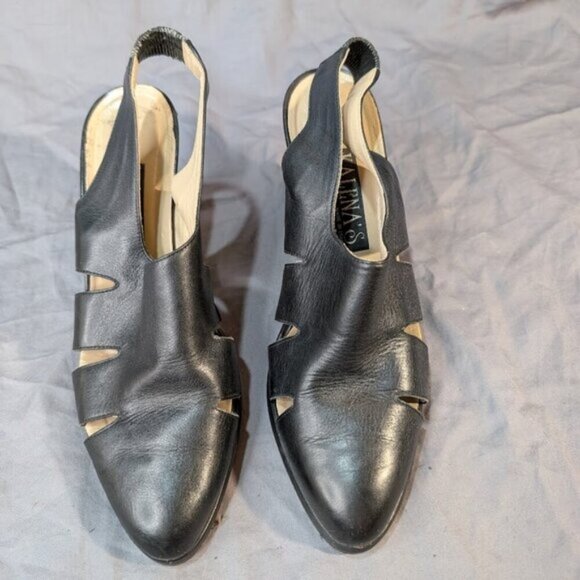Kalena's Black Leather Strappy Slingback Point Toe Heels Women Size 37 - Picture 1 of 7